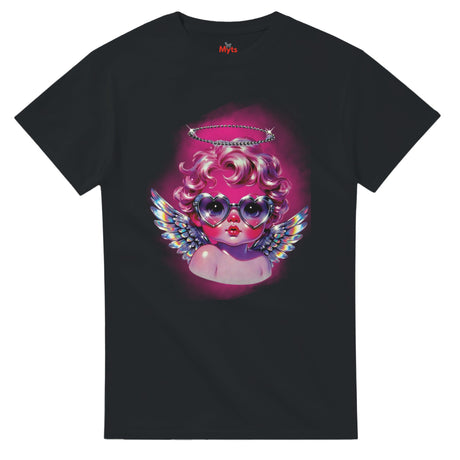 Black t-shirt with a colorful graphic of an angelic figure wearing sunglasses and wings on a white background.