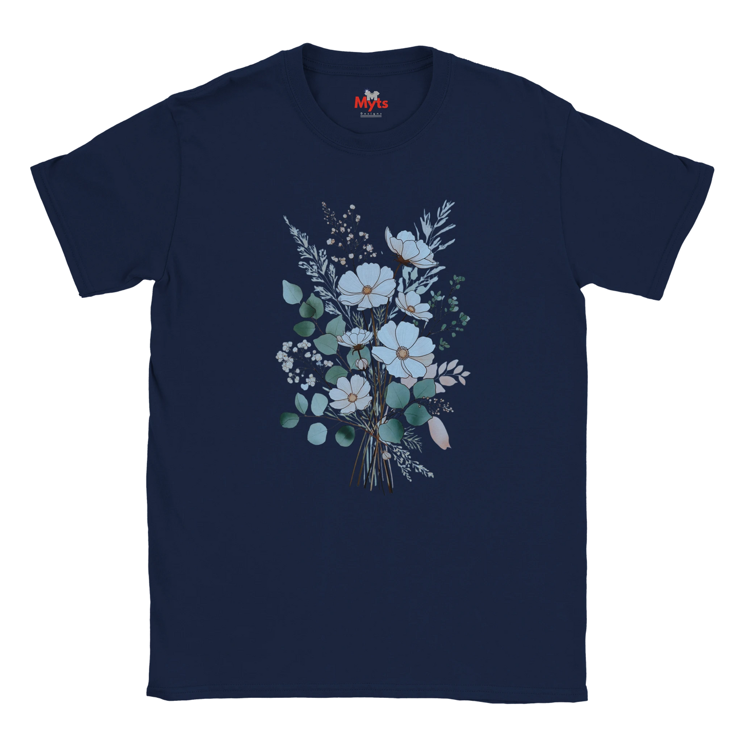 A navy blue short-sleeve crewneck t-shirt featuring a central graphic of a delicate floral bouquet with white and light blue flowers, green leaves, and small pink accents, displayed on a clean white background.