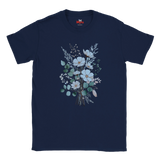 A navy blue short-sleeve crewneck t-shirt featuring a central graphic of a delicate floral bouquet with white and light blue flowers, green leaves, and small pink accents, displayed on a clean white background.