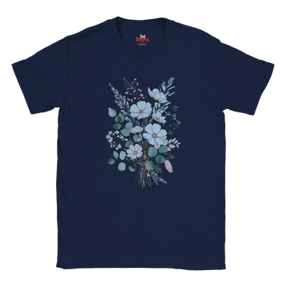 A navy blue short-sleeve crewneck t-shirt featuring a central graphic of a delicate floral bouquet with white and light blue flowers, green leaves, and small pink accents, displayed on a clean white background.