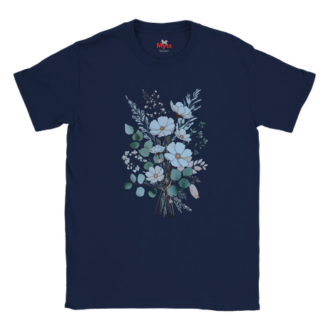 A navy blue short-sleeve crewneck t-shirt featuring a central graphic of a delicate floral bouquet with white and light blue flowers, green leaves, and small pink accents, displayed on a clean white background.