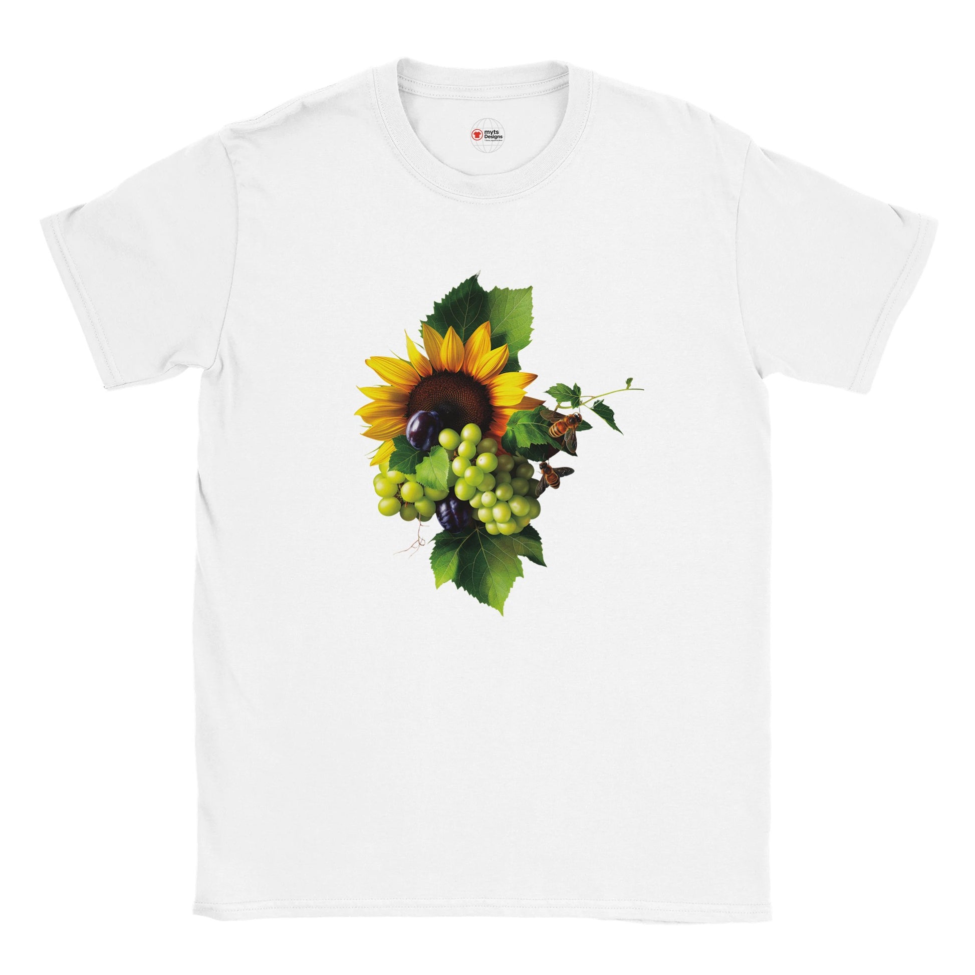 White t-shirt with a sunflower and fruit design on a white background