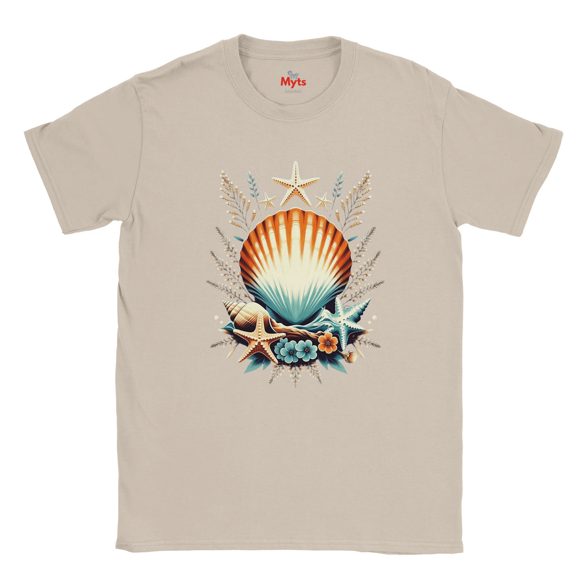 A Natural crewneck t-shirt featuring a colorful graphic print of a seashell, starfish, and seagrass in the center, displayed on a clean white background.