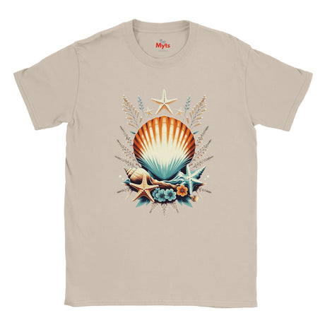 A Natural crewneck t-shirt featuring a colorful graphic print of a seashell, starfish, and seagrass in the center, displayed on a clean white background.