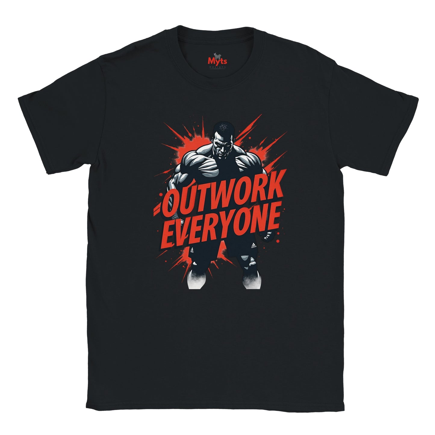 Black t-shirt with a graphic of a muscular figure and 'Outwork Everyone' text on a white background