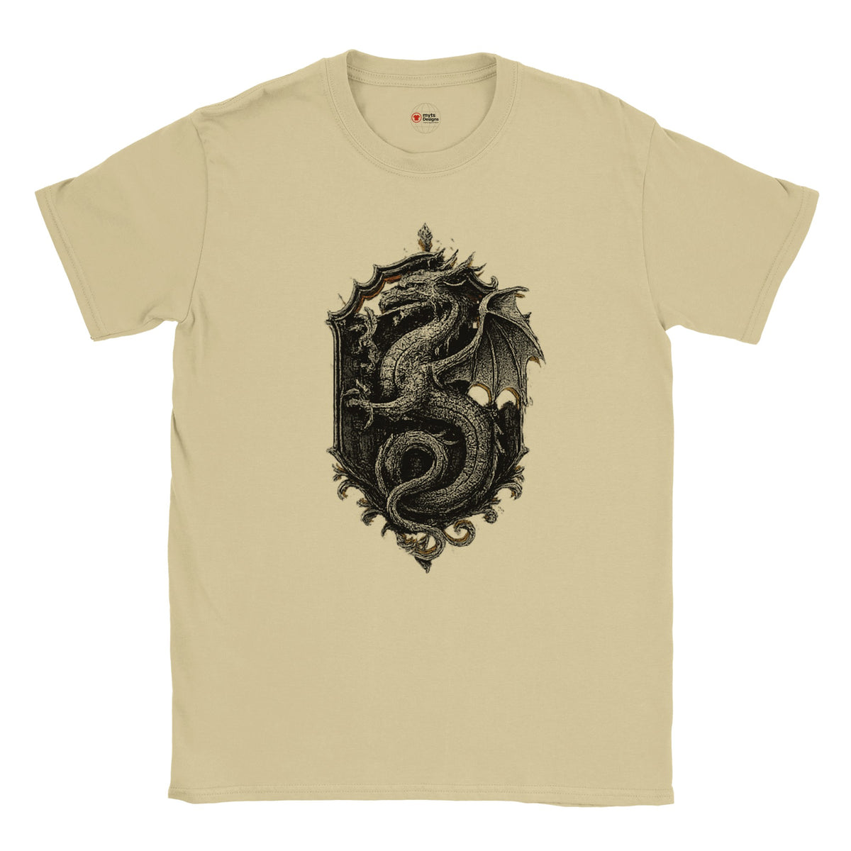 Neutral t-shirt with a black dragon design on a white background