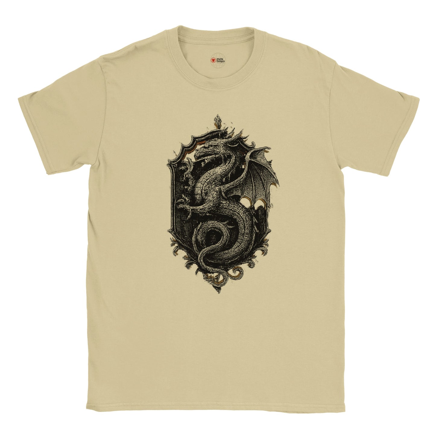 Neutral t-shirt with a black dragon design on a white background
