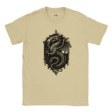 Neutral t-shirt with a black dragon design on a white background