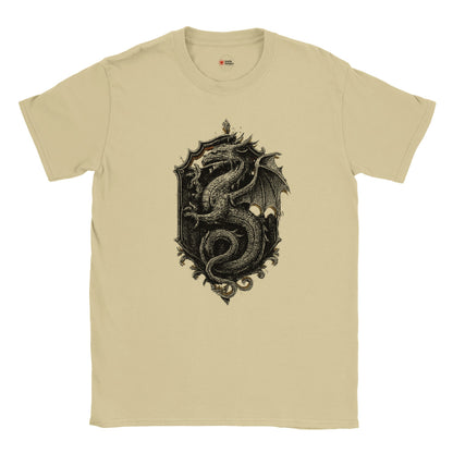 Neutral t-shirt with a black dragon design on a white background