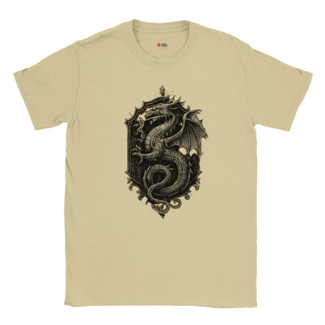 Neutral t-shirt with a black dragon design on a white background