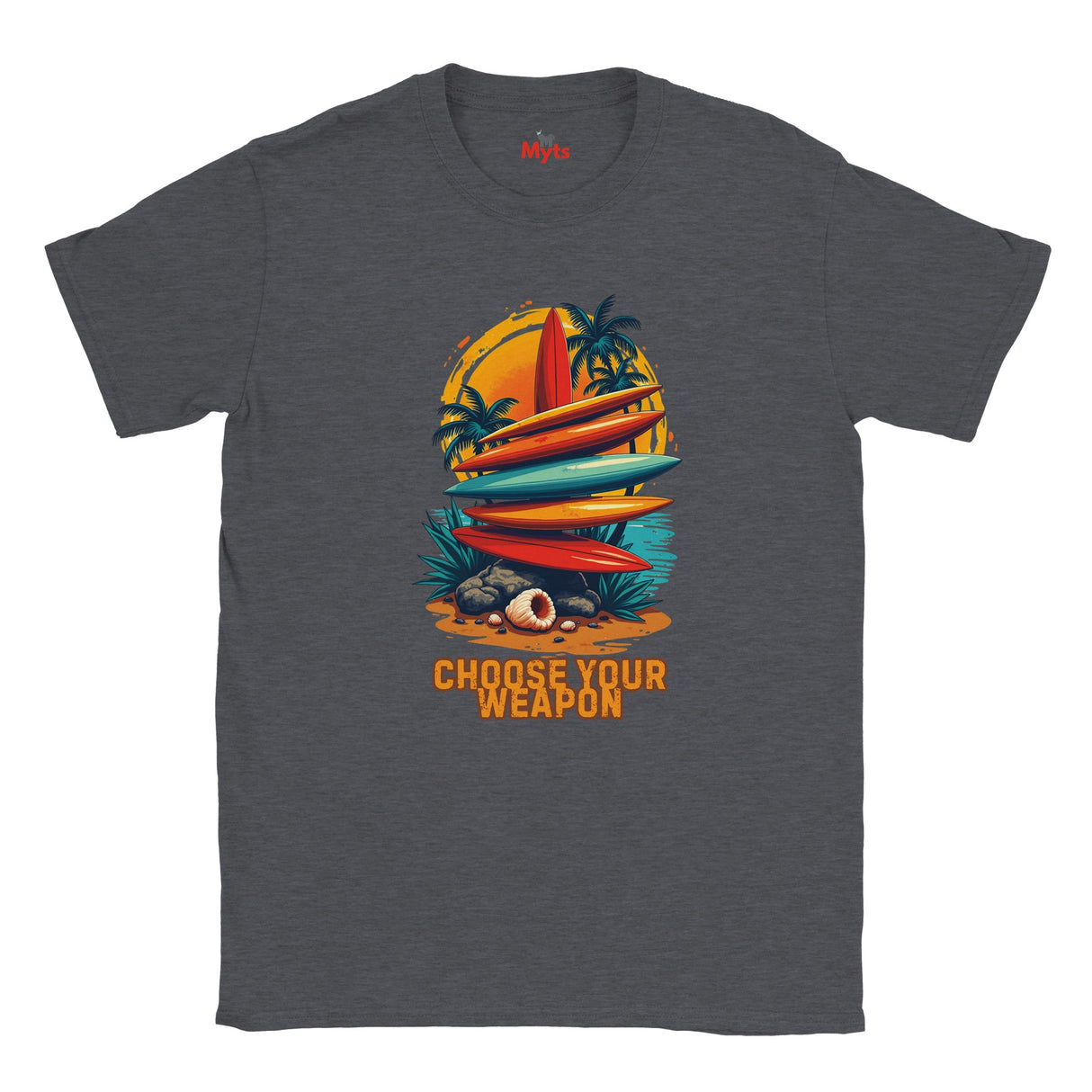 Gray t-shirt with a colorful graphic of surfboards and a sailboat, with text 'Choose Your Weapon' on a white background.