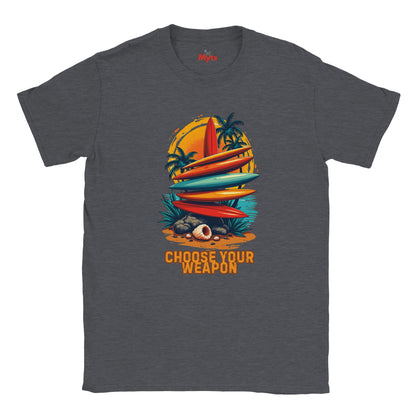 Gray t-shirt with a colorful graphic of surfboards and a sailboat, with text 'Choose Your Weapon' on a white background.