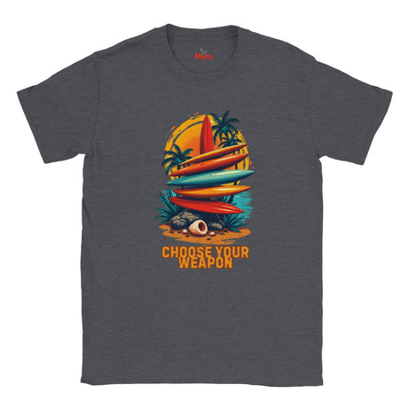 Gray t-shirt with a colorful graphic of surfboards and a sailboat, with text 'Choose Your Weapon' on a white background.