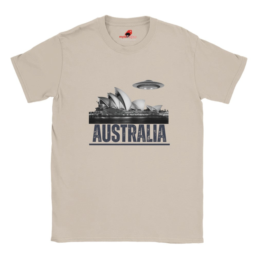 Front view of a sand colored soft casual tee showing the Sydney Opera House sails with a sleek spaceship graphic orbiting overhead, printed on ultra-soft Gildan 64000 cotton.