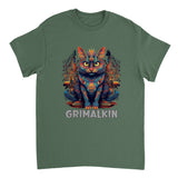 A military green t-shirt featuring a colorful illustration of a grimalkin cat with a fantasy-themed background.