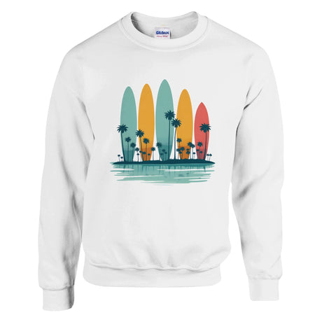 White sweatshirt with colorful surfboard design on a white background