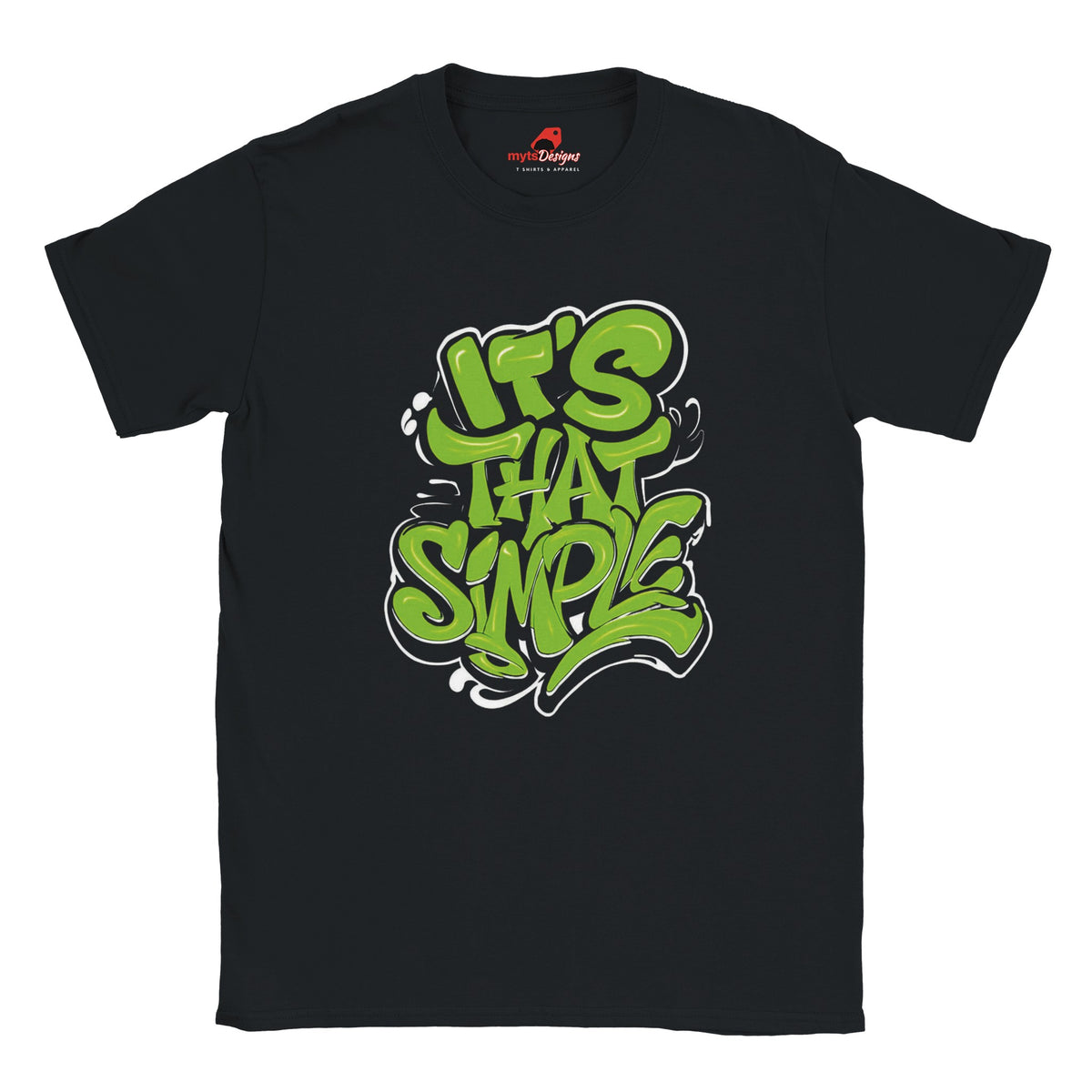 Front view of black T-shirt featuring groovy 60s-style “It’s That Simple” psychedelic text design – printed on soft cotton

