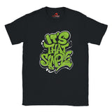 Front view of black T-shirt featuring groovy 60s-style “It’s That Simple” psychedelic text design – printed on soft cotton

