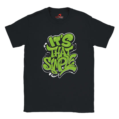 Front view of black T-shirt featuring groovy 60s-style “It’s That Simple” psychedelic text design – printed on soft cotton

