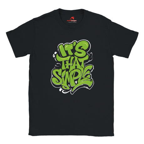 Front view of black T-shirt featuring groovy 60s-style “It’s That Simple” psychedelic text design – printed on soft cotton

