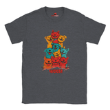 A flat lay dark heather T-shirt featuring a vibrant graphic of cartoon puppies stacked in red, orange, blue, and yellow hues, with the playful text “WOOF!” below the design.