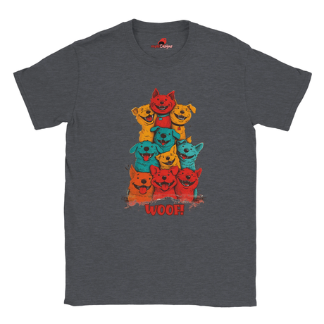 A flat lay dark heather T-shirt featuring a vibrant graphic of cartoon puppies stacked in red, orange, blue, and yellow hues, with the playful text “WOOF!” below the design.