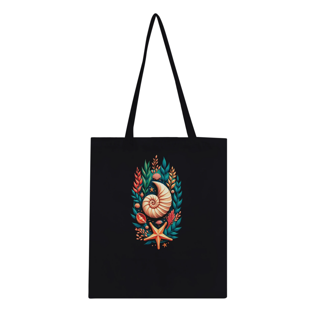A black canvas tote bag with two shoulder straps, featuring a colorful central graphic of a nautilus shell, starfish, and tropical leaves on a plain white background.