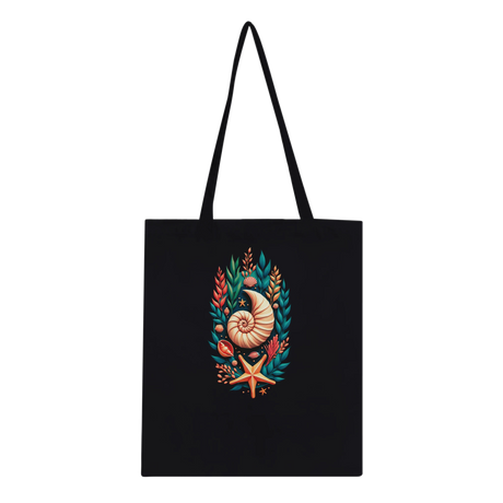 A black canvas tote bag with two shoulder straps, featuring a colorful central graphic of a nautilus shell, starfish, and tropical leaves on a plain white background.