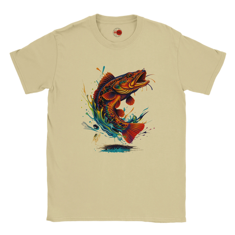 Natural t-shirt with a colorful fish graphic on a white background