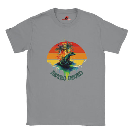 Retro gecko t-shirt with vintage sunset design and tropical lizard graphic on Sports Grey cotton tee