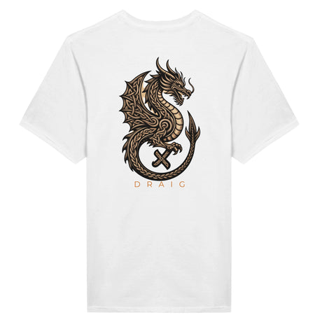A white short-sleeve t-shirt featuring a large graphic of a coiled dragon in brown and gold tones with the word 'DRACIC' printed below it, shown against a plain white background.