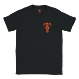 A black short-sleeve crewneck t-shirt featuring a small orange dragon graphic printed on the left chest, displayed against a solid white background.