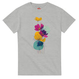 Gray t-shirt with colorful floral design on a white background
