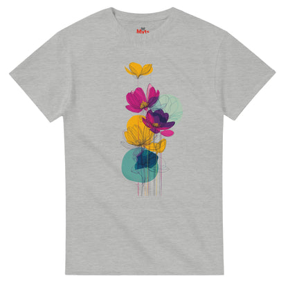 Gray t-shirt with colorful floral design on a white background