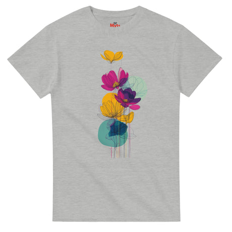 Gray t-shirt with colorful floral design on a white background