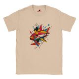 A natural t-shirt with a vibrant, geometric design of a fish on the front.