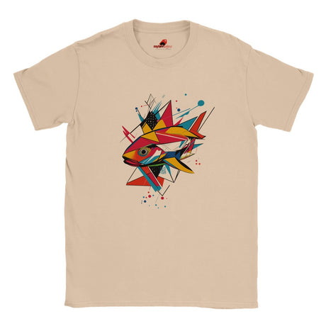 A natural t-shirt with a vibrant, geometric design of a fish on the front.