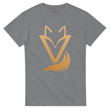 Sports Grey T-shirt with a gold Fox & Tail V Logo minimalist design 