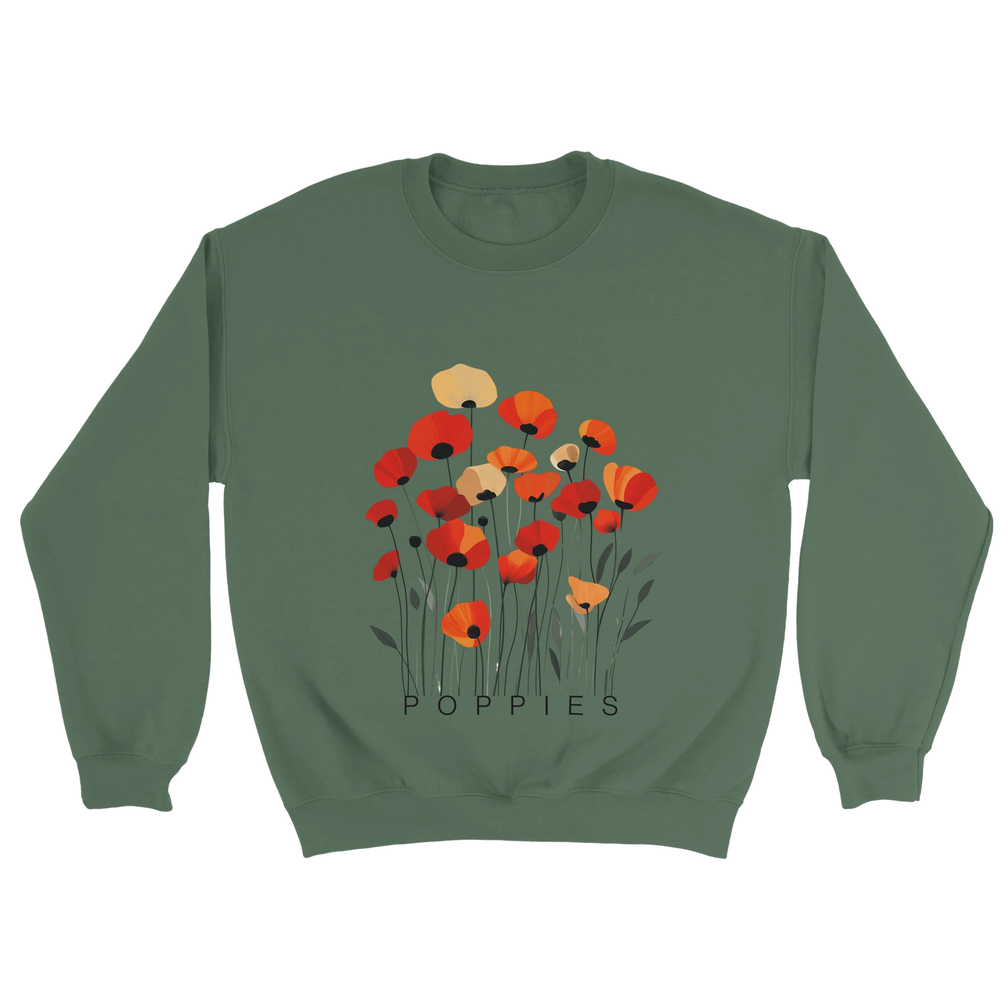 A Military Green sweatshirt featuring a minimalist poppy flower design. The graphic displays red, orange, and muted gold poppies with slender stems and leaves, and the word “POPPiES” printed beneath. The cozy, casual outfit has a soft, modern aesthetic ideal for floral and nature-inspired fashion.