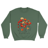 A Military Green sweatshirt featuring a minimalist poppy flower design. The graphic displays red, orange, and muted gold poppies with slender stems and leaves, and the word “POPPiES” printed beneath. The cozy, casual outfit has a soft, modern aesthetic ideal for floral and nature-inspired fashion.
