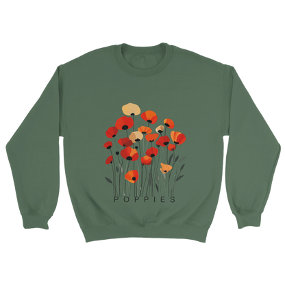 A Military Green sweatshirt featuring a minimalist poppy flower design. The graphic displays red, orange, and muted gold poppies with slender stems and leaves, and the word “POPPiES” printed beneath. The cozy, casual outfit has a soft, modern aesthetic ideal for floral and nature-inspired fashion.