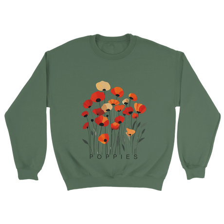 A Military Green sweatshirt featuring a minimalist poppy flower design. The graphic displays red, orange, and muted gold poppies with slender stems and leaves, and the word “POPPiES” printed beneath. The cozy, casual outfit has a soft, modern aesthetic ideal for floral and nature-inspired fashion.