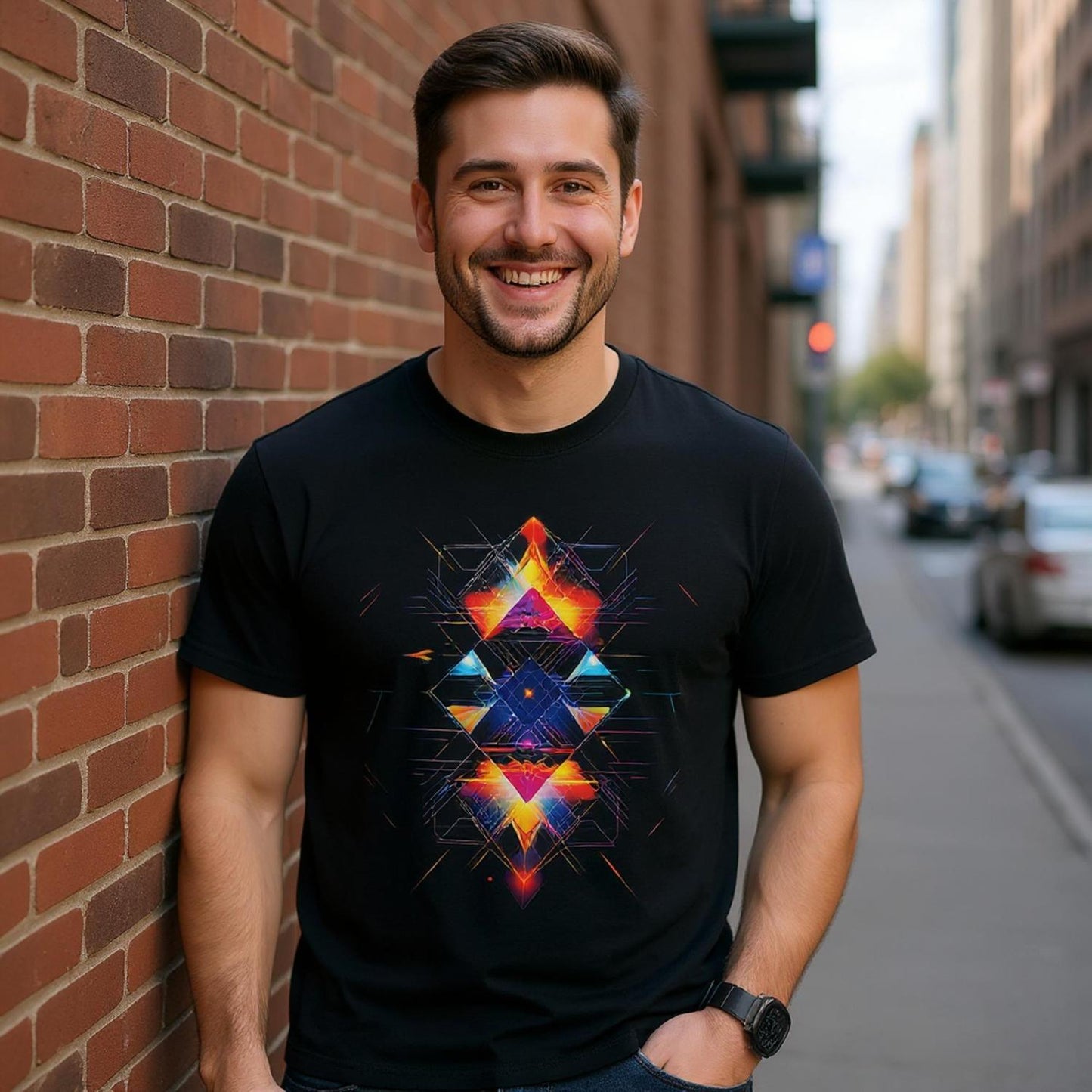 A man standing in an urban street wearing a black T-shirt featuring a vibrant geometric design of glowing neon triangles and abstract lines in electric orange, blue, and purple hues.