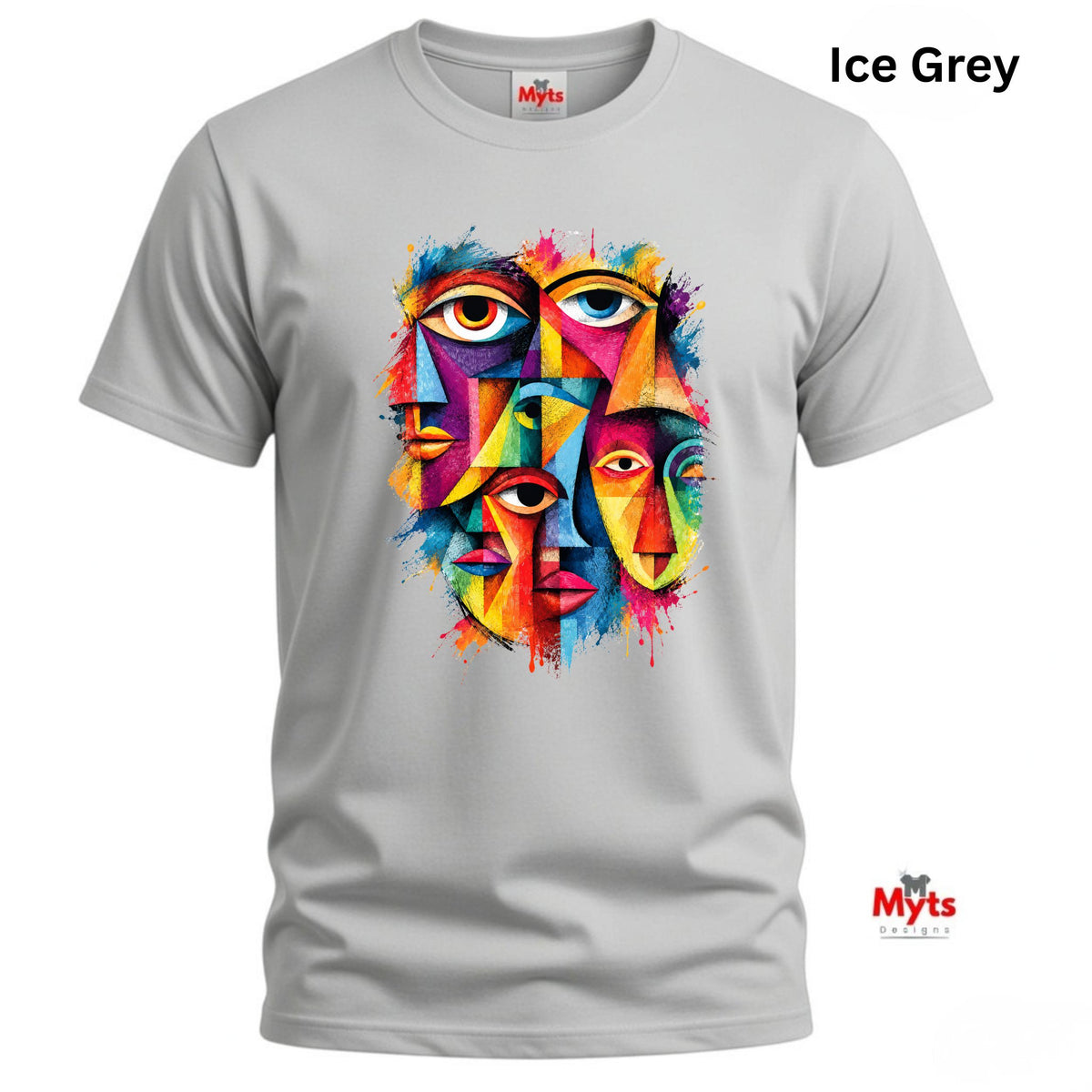 An ice grey short-sleeve t-shirt with a colorful graphic print of stylized faces. The text 'Ice Grey' is displayed in the top right corner, and the brand logo 'Myts' is visible on the inner neck label and as a watermark in the bottom right corner.