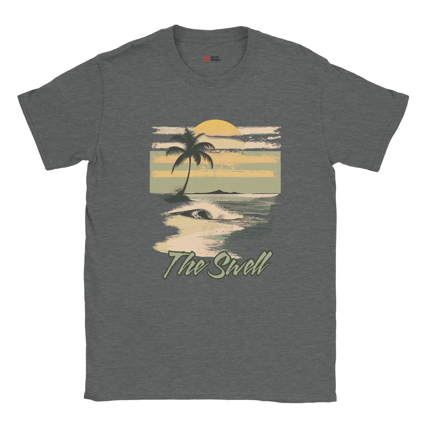 Graphite Heather t-shirt with a tropical graphic design and 'The Swell' text on a white background