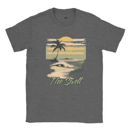 Graphite Heather t-shirt with a tropical graphic design and 'The Swell' text on a white background