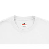 White t-shirt with 'Myts' logo on a white background
