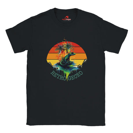 Retro gecko t-shirt with vintage sunset design and tropical lizard graphic on black cotton tee