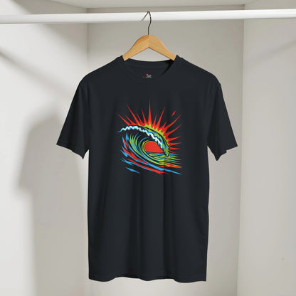 Black t-shirt with a colorful wave design on a hanger against a white wall.