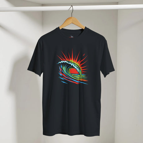 Black t-shirt with a colorful wave design on a hanger against a white wall.
